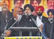  ?? HT PHOTO ?? Shiromani Akali Dal president Sukhbir Badal addressing a poll rally in Ludhiana on Saturday.