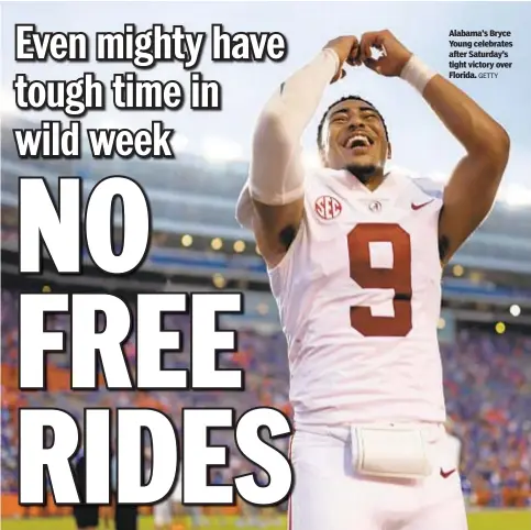  ?? GETTY ?? Alabama’s Bryce Young celebrates after Saturday’s tight victory over Florida.