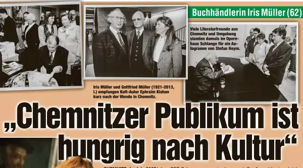  ??  ?? Iris Müller und Gottfried Müller (1921-2013, l.) empfangen Kult-Autor Ephraim Kishon kurz nach der Wende in Chemnitz. iele Literaturf­reunde aus hemnitz und Umgebung tanden damals im Opernaus Schlange für ein Auogramm von Stefan Heym.