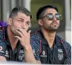  ?? PHOTO: GETY IMAGES ?? Kieran Foran and Shaun Johnson take in the action at the Auckland Nines from the sidelines.