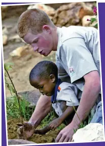  ??  ?? Gap year: Harry helps Mutsu plant a tree at a children’s home in Lesotho in 2004