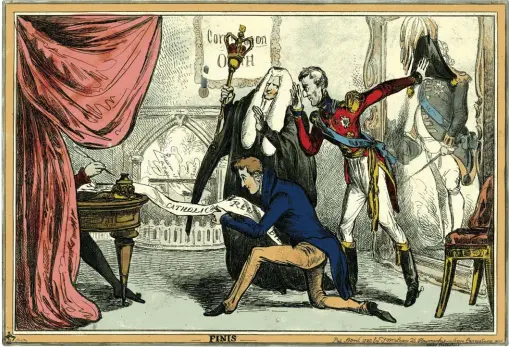  ??  ?? In Finis, by Paul Pry, George IV signs the Roman Catholic Relief Act of 1829. Robert Peel, Antonia Fraser’s great-great-greatgrand­father, holds the document, while the Duke of Wellington, her great-great-great-uncle, prevents George III from seeing