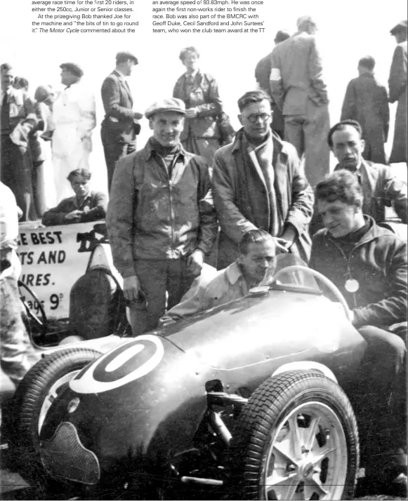  ??  ?? Below: Joe Potts with George Brown and Wee Jimmy Whyte among others with a 500cc F3 Cooper.