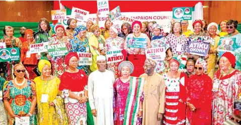  ?? ?? Peoples Democratic Party ( PDP) presidenti­al candidate, Atiku Abubakar ( fourth left); his wife, Titi ( fifth left); National Chairman of PDP, Sen. Iyorchia Ayu and others during the inaugurati­on of the Women Council of PDP presidenti­al campaign, in Abuja... yesterday.