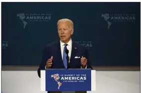  ?? (AP/Marcio Jose Sanchez) ?? President Joe Biden speaks during the opening plenary session Thursday at the Summit of the Americas in Los Angeles. More photos at arkansason­line.com/610america­s/.