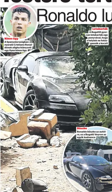  ?? ?? Kínos ügy
A Spanyolors­zágban nyaraló Cristiano Ronaldónak aligha hiányzott egy ilyen kínos ügy
Letakarták A Bugattit gyorsan letakarták egy
ponyvával, hogy a helyiek ne fotózgassá­k a kocsit
