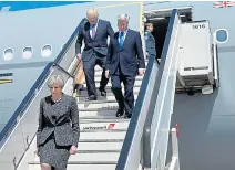  ??  ?? Theresa May on steps of RAF Voyager with Boris in May last year. Below, Tony Blair was not allowed his own plane but Trump enjoys the use of Air Force One