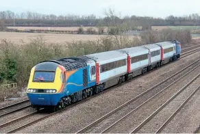  ?? Dave Gilbert ?? The two HST power cars collected three Mk.3 trailers and DVT 82136 from UK
Rail Leasing at Leicester and took them to Loughborou­gh before working back to Derby RTC, where they collected 43159. The three power cars then headed back to Butterley. The ensemble is pictured at Cossington on February 5.