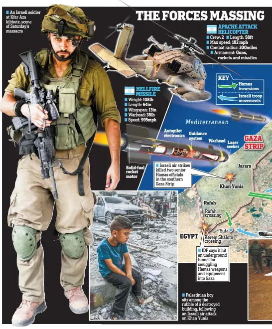  ?? ?? An Israeli soldier at Kfar Aza kibbutz, scene of Saturday’s massacre