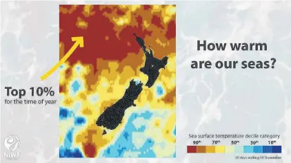  ?? GRAPHIC: SUPPLIED ?? Heating up . . . Sea surface temperatur­es around New Zealand are on the rise again, and Niwa is predicting another marine heatwave this summer.