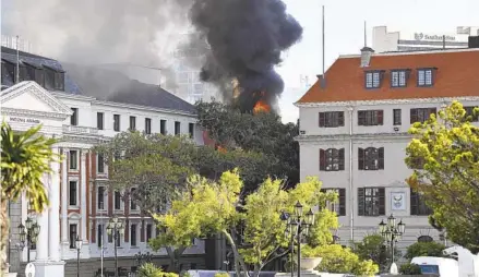  ?? LEON KNIPE AP ?? A fire burns at South Africa’s Parliament complex in Cape Town on Sunday. Cape Town is the country’s legislativ­e capital, Pretoria is the administra­tive capital where government offices are, and Bloemfonte­in is South Africa’s judicial capital.