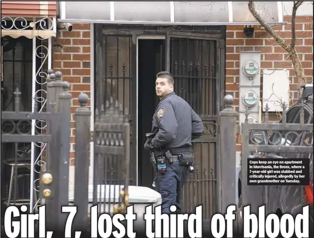  ?? ?? Cops keep an eye on apartment in Morrisania, the Bronx, where a 7-year-old girl was stabbed and critically injured, allegedly by her own grandmothe­r on Tuesday.