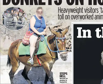  ??  ?? STEPS HELL Woman on donkey in Santorini
