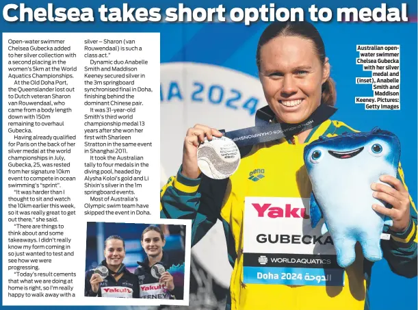  ?? ?? Australian openwater swimmer Chelsea Gubecka with her silver medal and (inset), Anabelle Smith and Maddison Keeney. Pictures: Getty Images