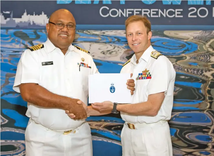  ??  ?? Republic of Fiji Military Forces Naval Division Commander Captain (Navy) Humphrey Tawake (left) with Royal Australian Navy Chief of Navy Admiral Mike Noonan.