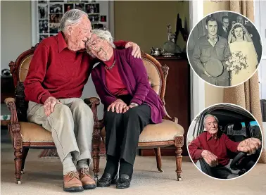  ?? CHRIS SKELTON/STUFF ?? Methuen and Margaret Mabin are celebratin­g their 75th wedding anniversar­y. Methuen is 101 and Margaret is 99, turning 100 next month. Inset top: The couple on their wedding day. Right: Methuen, 101, says he won’t renew his driving licence when he turns 102 in December.