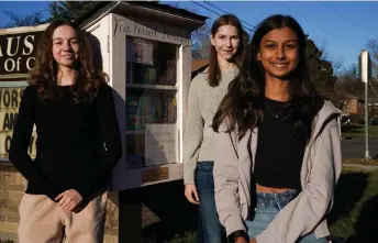  ?? — Washington Post photos by Jahi Chikwendiu ?? Warner, Ghala and Buescher, all 14, started a free period pantry to help those who can’t afford pads and tampons in Vienna.