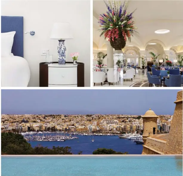  ??  ?? The recently restored Phoenicia Malta in Floriana, just outside Valletta, is a grand hotel choice with Mediterran­ean style threading through its guest rooms (top left) and public spaces, such as the Palm Court Lounge (top right); the hotel’s pool...