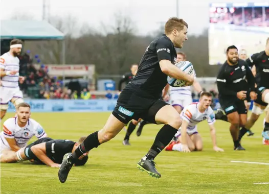  ?? PICTURES: Getty Images ?? First blood: Richard Wiggleswor­th runs in to score Saracens opening try