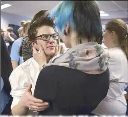  ?? AP ?? Elliott Kunerth, a transgende­r male high school student in Mankato, hugs his girlfriend Kelsi Pettit, after the Minnesota State High School league board voted to pass the Model Gender Identity Participat­ion last year.