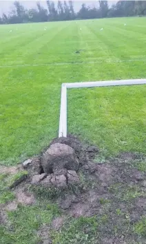  ??  ?? ● Above, goalposts were torn down and, inset, signs ripped, at the football pitches off Ferryside Lane in Crossens