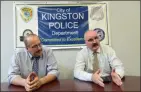  ?? TANIA BARRICKLO — DAILY FREEMAN FILE ?? Kingston Police Chief Egidio Tinti, left, and Detective Lt. Thierry Croizer speak on Nov. 25, 2019, at city police headquarte­rs.