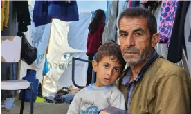  ?? ?? Bashir Alyan, a 52-year-old former employee of the Palestinia­n Authority, who is now living in a tent in Rafah with his five children. Photograph: Enas Tantish
