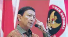  ?? — Reuters ?? Indonesia Chief Security Minister Wiranto delivers a speech in Jakarta, Indonesia.