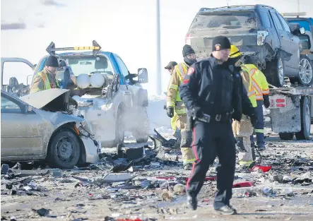  ?? AL CHAREST ?? There were no life-threatenin­g injuries but “a number of people” were taken to hospital after a huge collision on Stoney Trail S.E. on Friday.