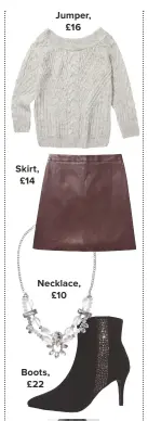  ??  ?? Skirt, £14 Boots, £22 Jumper, £16 Necklace, £10