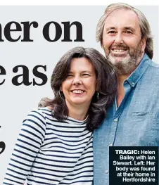  ??  ?? TRAGIC: Helen Bailey with Ian Stewart. Left: Her body was found at their home in Hertfordsh­ire