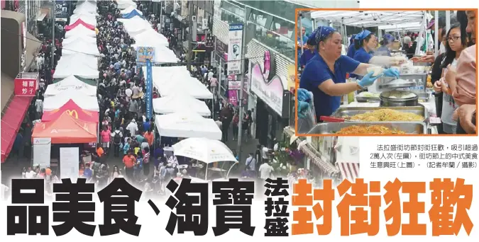  ??  ?? 法拉盛街坊節封街狂歡，吸引超過2萬人次(左圖)，街坊節上的中式美食生­意興旺(上圖)。 (記者牟蘭／攝影)