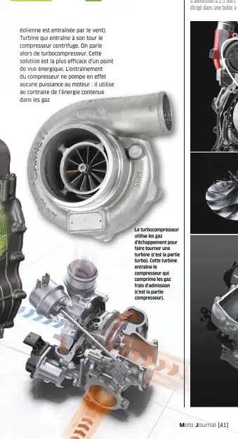  ??  ?? Le turbocompr­esseur utilise les gaz d'échappemen­t pour faire tourner une turbine (c'est la partie turbo). Cette turbine entraîne le compresseu­r qui comprime les gaz frais d'admission (c'est la partie compresseu­r).