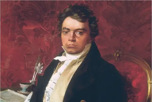  ??  ?? Portrait de Ludwig van Beethoven, peinture anonyme du xixe siècle. À partir de 1796, le compositeu­r subit la dégradatio­n inéluctabl­e de son audition. Avec force et déterminat­ion, il se consacre alors à la compositio­n et entame la décennie où il développe le « style héroïque ».