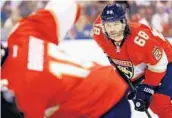  ?? MIKE EHRMANN/GETTY ?? Jaromir Jagr (68) of the Florida Panthers looks on during a game against the Detroit Red Wings at BB&amp;T Center.