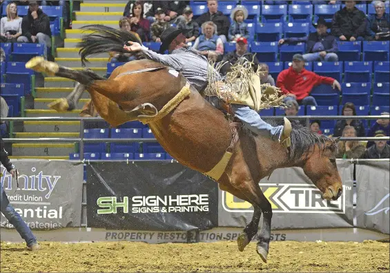  ?? STEVEN MAH/SOUTHWEST BOOSTER ?? Above: Consul’s Monty Koopman had five qualified rides in Bareback to win his first CCA Finals championsh­ip. Below: Maple Creek’s Logan Resch clinched the CCA Finals Championsh­ip in Junior Girls Barrel Racing with a 12.96-second run on Saturday night.