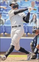  ?? Mike Carlson / Associated Press ?? Aaron Judge hit a pair of solo home runs for the Yankees on Wednesday, but said the team is lacking in situationa­l hitting.