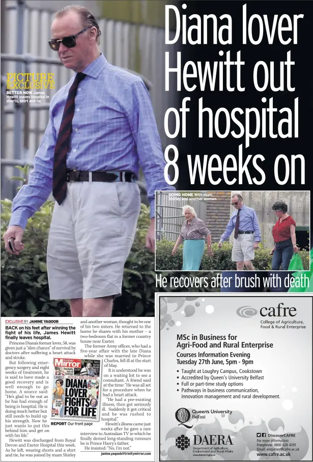  ??  ?? PICTURE
EXCLUSIVE BETTER NOW James Hewitt leaves hospital in shorts, shirt and tie GOING HOME With mum Shirley and another woman