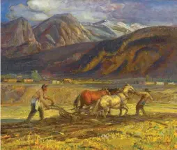  ??  ?? Oscar E. Berninghau­s (1874-1952), Taos Field of Workers, oil on canvas, 25 x 30” Estimate: $400/500,000