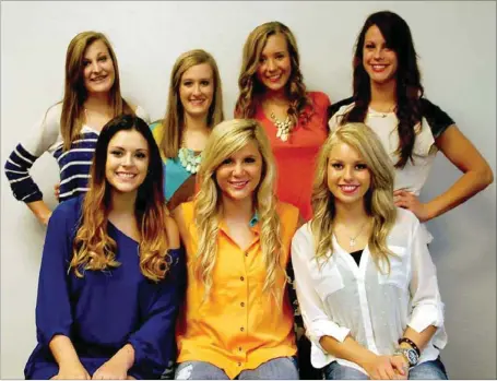  ?? CAROL BUNDSGAARD­S PECIAL TO ENTERPRISE-LEADER ?? The 2013 Farmington Homecoming Court is senior queen candidates Emma Edwards, front left, Jamie Deen and Raka Pinkerton; sophomore maid Markayla Lusher, back left, and junior maids Kynleigh Bond, Bailey Wilkins and Halsey Salmonson. The Homecoming pep...