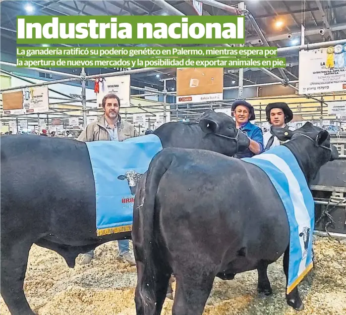  ?? (LA VOZ) ?? Cordobeses campeones. Mauricio Groppo, director de La Sultana; Ramón Brítez, y Daniel Arce posan con el reservado campeón macho y la campeona hembra de la raza Brangus.