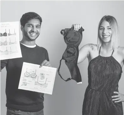  ?? PETER J THOMPSON / THE FINANCIAL POST ?? Jacob John and Stephanie Stefanakou with their bra prototype design that adjusts in size.