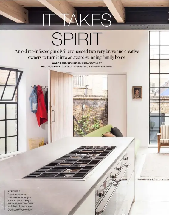  ??  ?? KITCHEN Crittall windows and concrete surfaces give a nod to the property’s industrial past. The Corian and steel kitchen is from Dickinson Woodworks &gt;