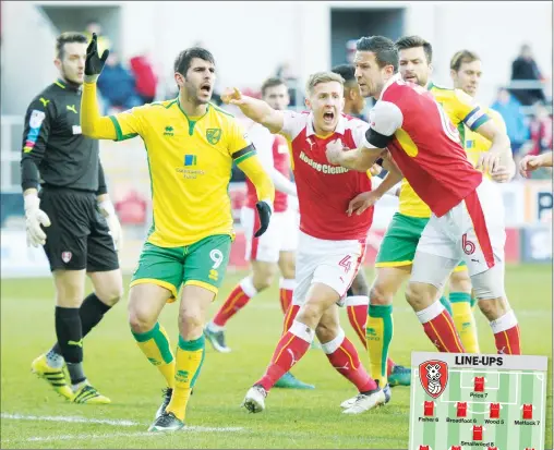  ?? PICTURES: Media Image ?? KEY: Norwich’s Nelson Oliveira, left, was sent off after clashing with Kirk Broadfoot