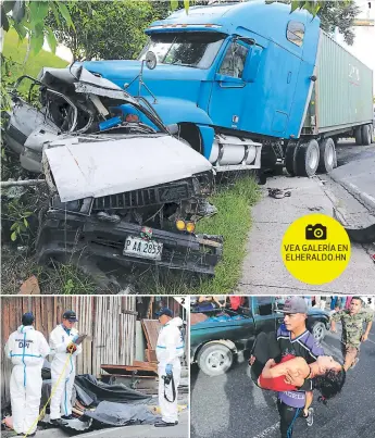  ?? FOTOS: RONALD ACEITUNO ?? (1) La rastra impactó contra el pick-up y le quitó la vida a Juan Alberto Ávila. (2) Agentes de la DPI inspeccion­an el lugar de la tragedia. (3) Un voluntario carga a una de las víctimas del accidente.