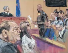  ?? Reuters ?? THE JURY foreman reads the verdict in film producer Harvey Weinstein’s sexual assault trial in the Manhattan borough of New York City, New York, in this courtroom sketch. |