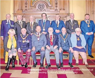  ?? ?? Celebratio­n Provost Dennis Melloy with the other Provosts at Veterans Housing Scotland’s 106th anniversar­y
Perth and Kinross was represente­d at the celebratio­n of Veterans Housing Scotland’s (VHS) 106th anniversar­y.
The reception was held in Edinburgh City Chambers with Provost for Perth and Kinross Dennis Melloy present.
The charity was establishe­d during the First World War to provide homes for heroes returning from the war with disabling and life-changing injuries. Since that time thousands of veterans have been helped and it has grown to boast a portfolio of almost 700 homes across Scotland.
The reception was hosted by the Rt Hon Lord Provost and veterans’champion councillor Frank Ross alongside VHS chairman and group captain Bob Kemp CBE QVRM AE DL.
Guests included Lord Provosts and Provosts from across Scotland alongside military representa­tives, local authority veterans’ champions and charity partners.