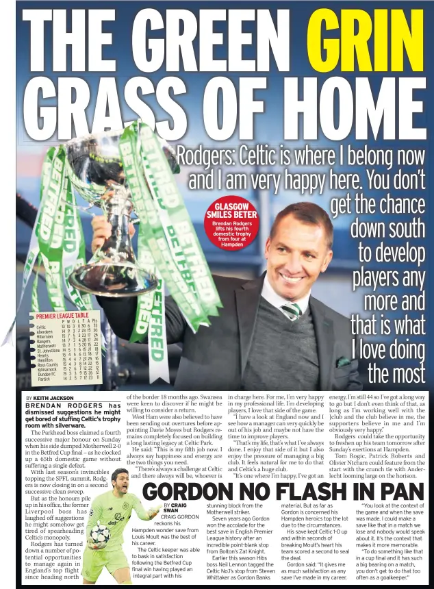  ??  ?? GLASGOW SMILES BETER Brendan Rodgers lifts his fourth domestic trophy from four at Hampden
