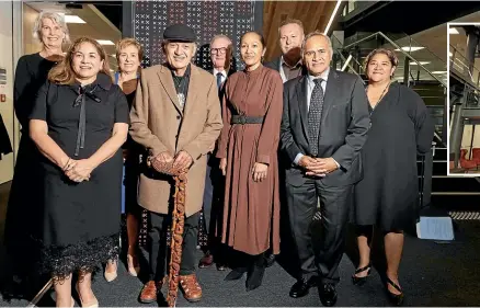  ?? KELLY HODEL/STUFF ?? Mayor Paula Southgate, Tainui Group Holdings chair Hinerangi Raumati-Tu’ua, ACC CEO Megan Main, Kiingi Tuheitia, ACC board chair Hon Steve Maharey, Te Whakakiten­ga o Waikato chair Parekawhia McLean, Tainui Group Holdings CEO Chris Joblin, Waikato Tainui’s Te Arataura tribal executive chairperso­n Tukoroiran­gi Morgan, and Waikato-Tainui chief executive Donna Flavell at the official opening.