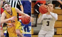  ?? KYLE FRANKO — TRENTONIAN PHOTO ?? Nottingham’s Brandon Raba, left, and Hopewell Valley’s Franki Gomez, right, were voted Players of the Year by the CVC boys and girls basketball coaches.